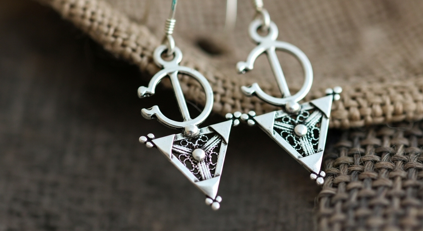 A pair of traditional, ornate Berber silver earrings (tizabaten) with intricate filigree, granulation, and inlay, resting on a rustic dark fabric.
