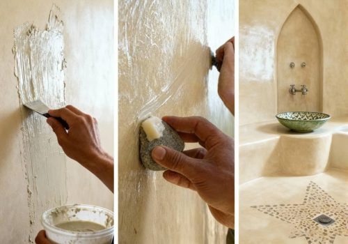 Tadelakt process from application to burnishing to finished waterproof surface, showing traditional Moroccan lime plaster technique stages