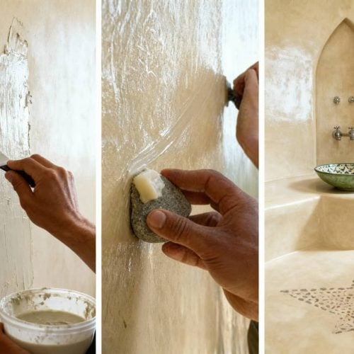 Tadelakt process from application to burnishing to finished waterproof surface, showing traditional Moroccan lime plaster technique stages