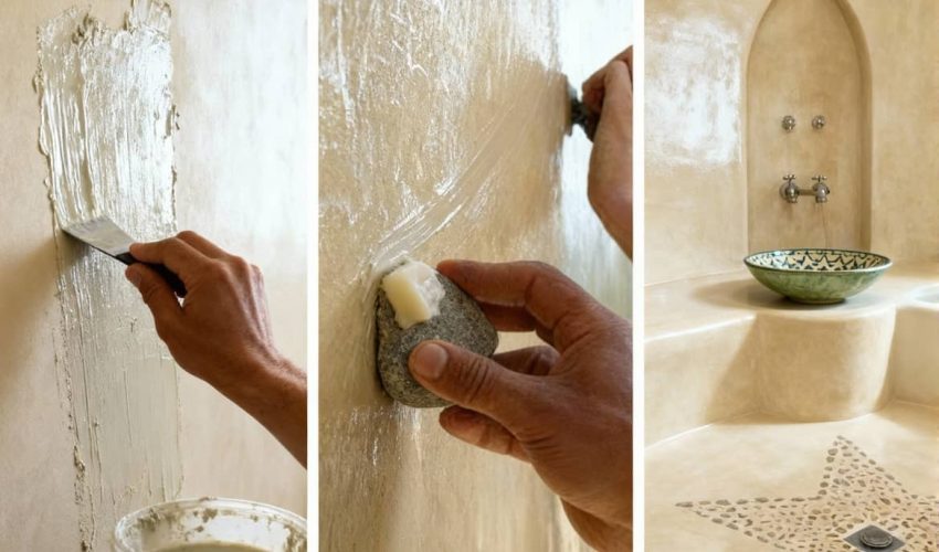 Tadelakt process from application to burnishing to finished waterproof surface, showing traditional Moroccan lime plaster technique stages