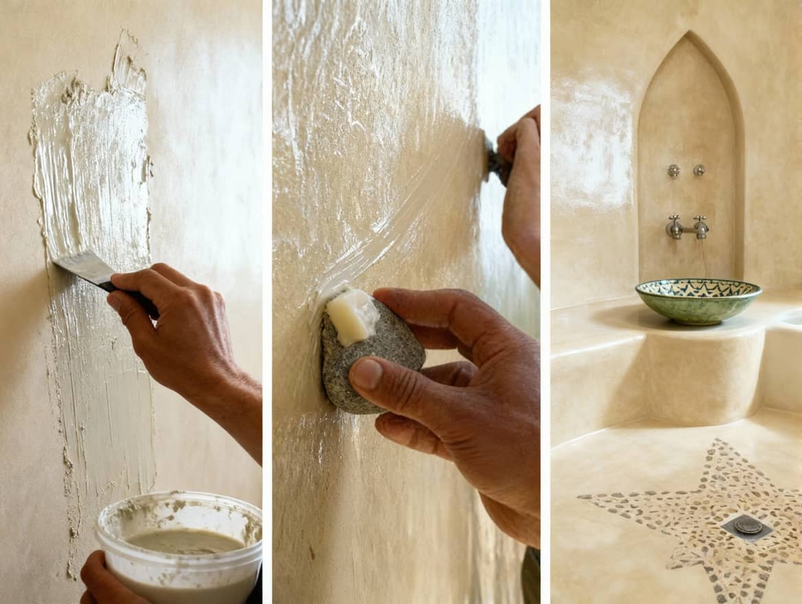 Tadelakt process from application to burnishing to finished waterproof surface, showing traditional Moroccan lime plaster technique stages