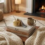 Small brass decorative box on coffee table book with cozy knit blanket and fireplace