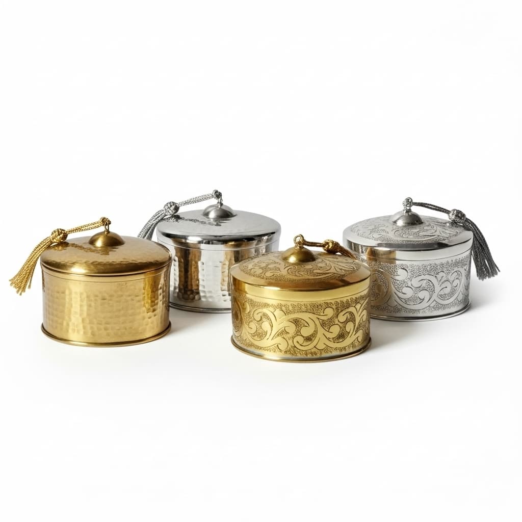 Decorative Metal Box with Lid (5) Complete set of decorative metal boxes - one large brass gold and one small silver with engraved patterns