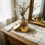 Gold brass decorative box on wooden console table with dried eucalyptus and vase