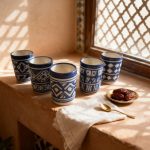 Five blue and white ceramic cups on sunlit windowsill with dates and brass spoon in traditional Moroccan setting