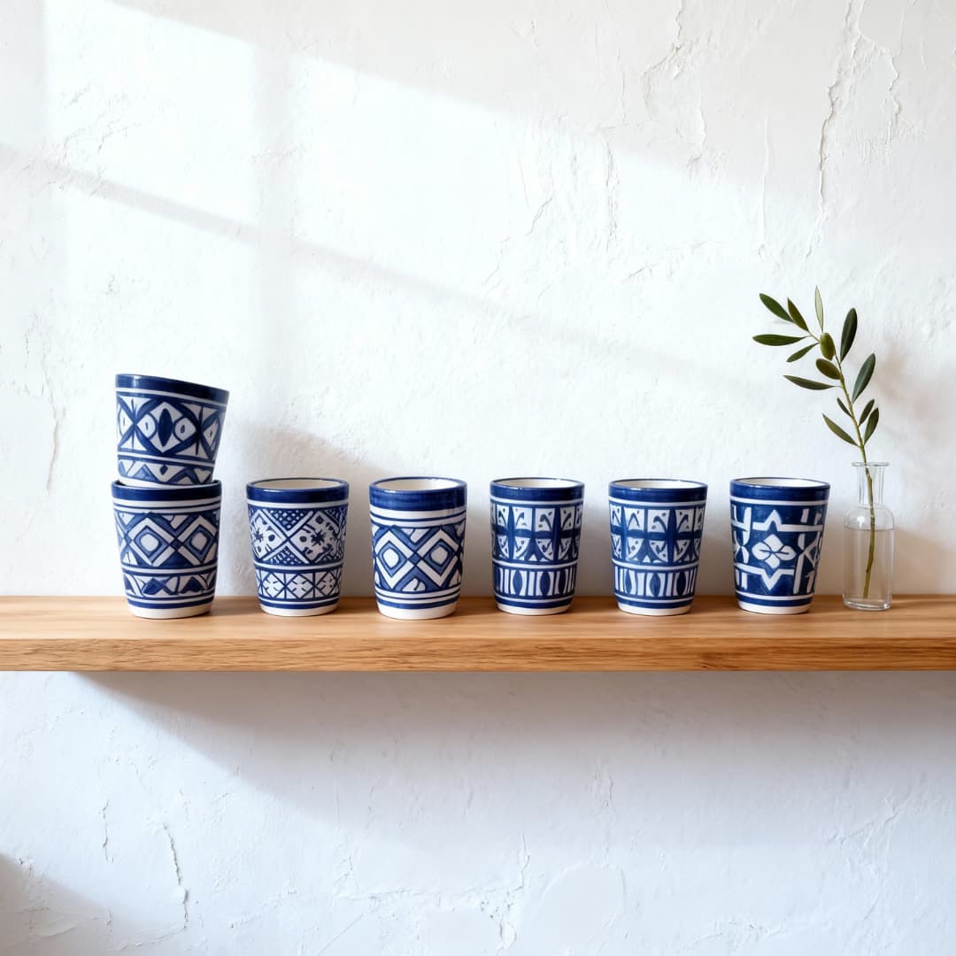 Handpainted Ceramic Cups Set (5) Six handpainted blue and white ceramic cups displayed on wooden shelf showing different geometric patterns