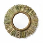 Round handwoven boho mirror with natural grass sunburst design, 30cm diameter bohemian wall decor