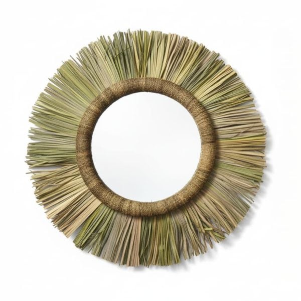 Round handwoven boho mirror with natural grass sunburst design, 30cm diameter bohemian wall decor