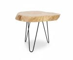 Natural wood live edge coffee table with black hairpin legs showing organic grain patterns