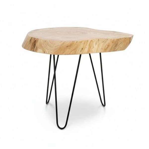 Natural wood live edge coffee table with black hairpin legs showing organic grain patterns