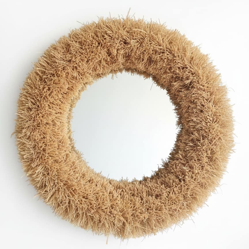 Plush Straw Round Mirror - Thick Fluffy Raffia Fringe (2) Handwoven round straw mirror with thick fluffy raffia fringe creating luxurious natural wall decor on white background
