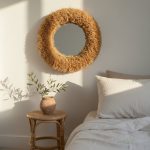 Plush straw round mirror with thick natural fringe above rattan nightstand in serene bohemian coastal bedroom