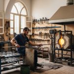 Moroccan glassblower Younes working in his well-lit traditional workshop with organized tools on walls, modern furnace, arched windows, and cooling glass vessels on shelves