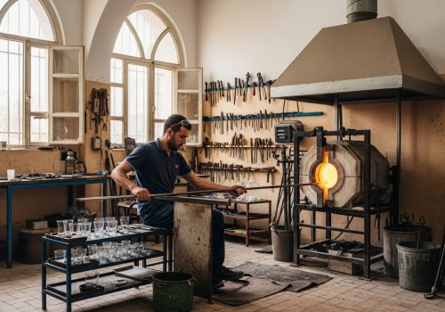 Moroccan glassblower Younes working in his well-lit traditional workshop with organized tools on walls, modern furnace, arched windows, and cooling glass vessels on shelves