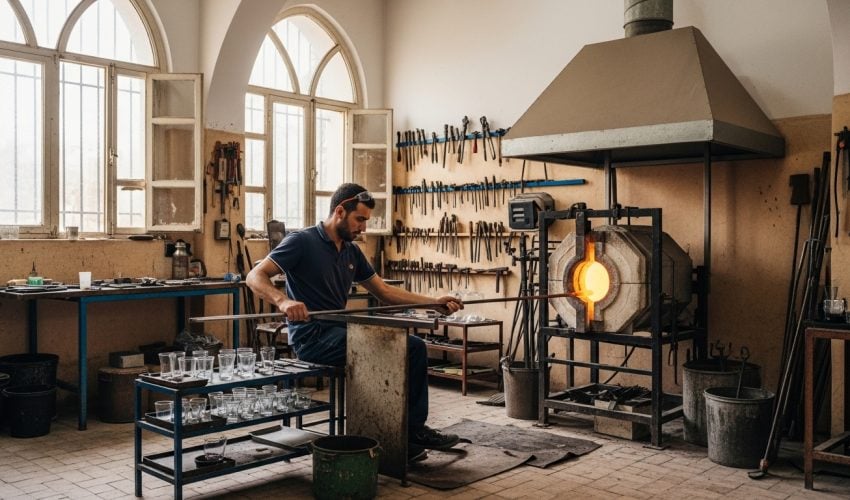 Moroccan glassblower Younes working in his well-lit traditional workshop with organized tools on walls, modern furnace, arched windows, and cooling glass vessels on shelves