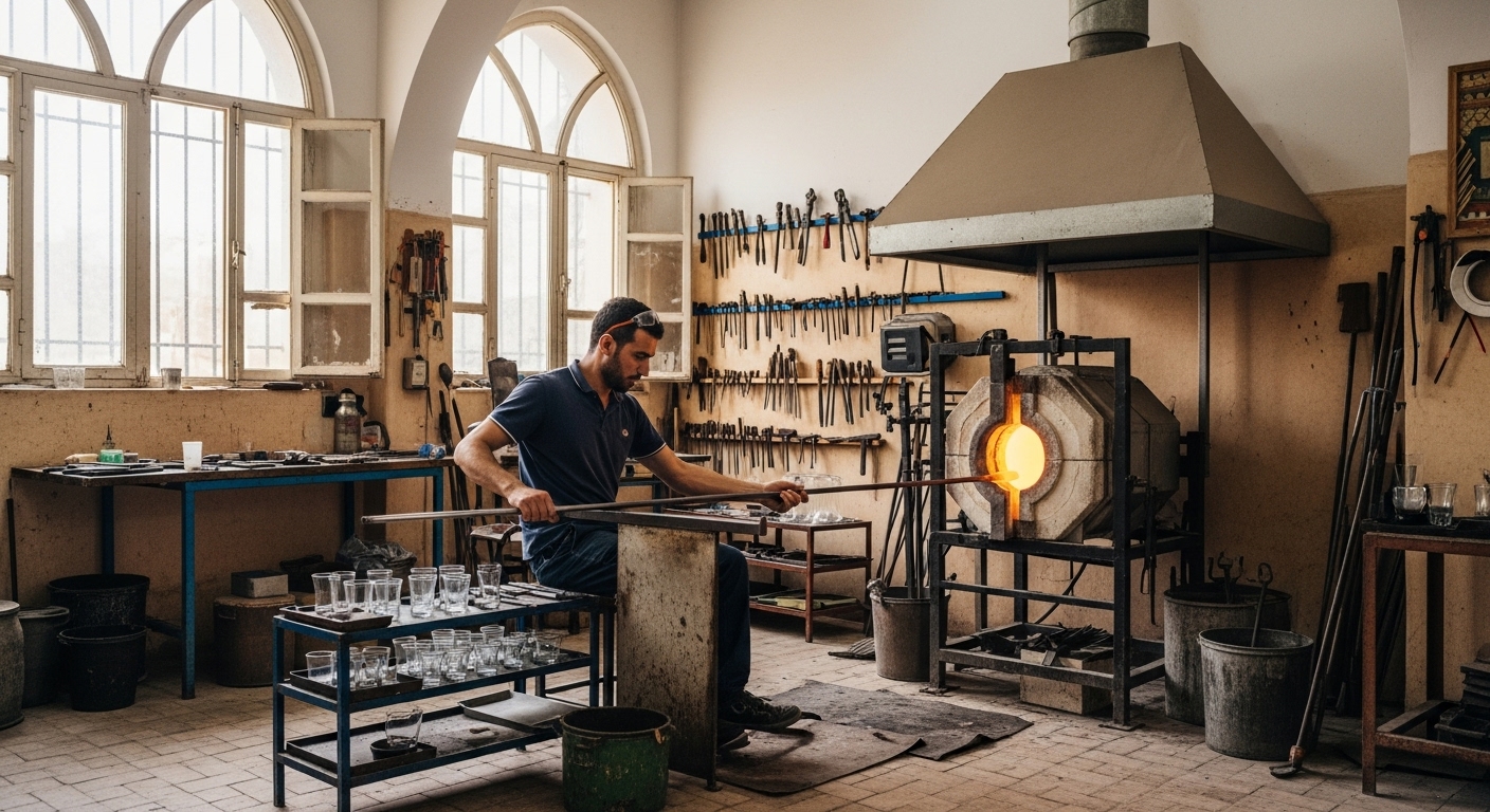 Moroccan glassblower Younes working in his well-lit traditional workshop with organized tools on walls, modern furnace, arched windows, and cooling glass vessels on shelves