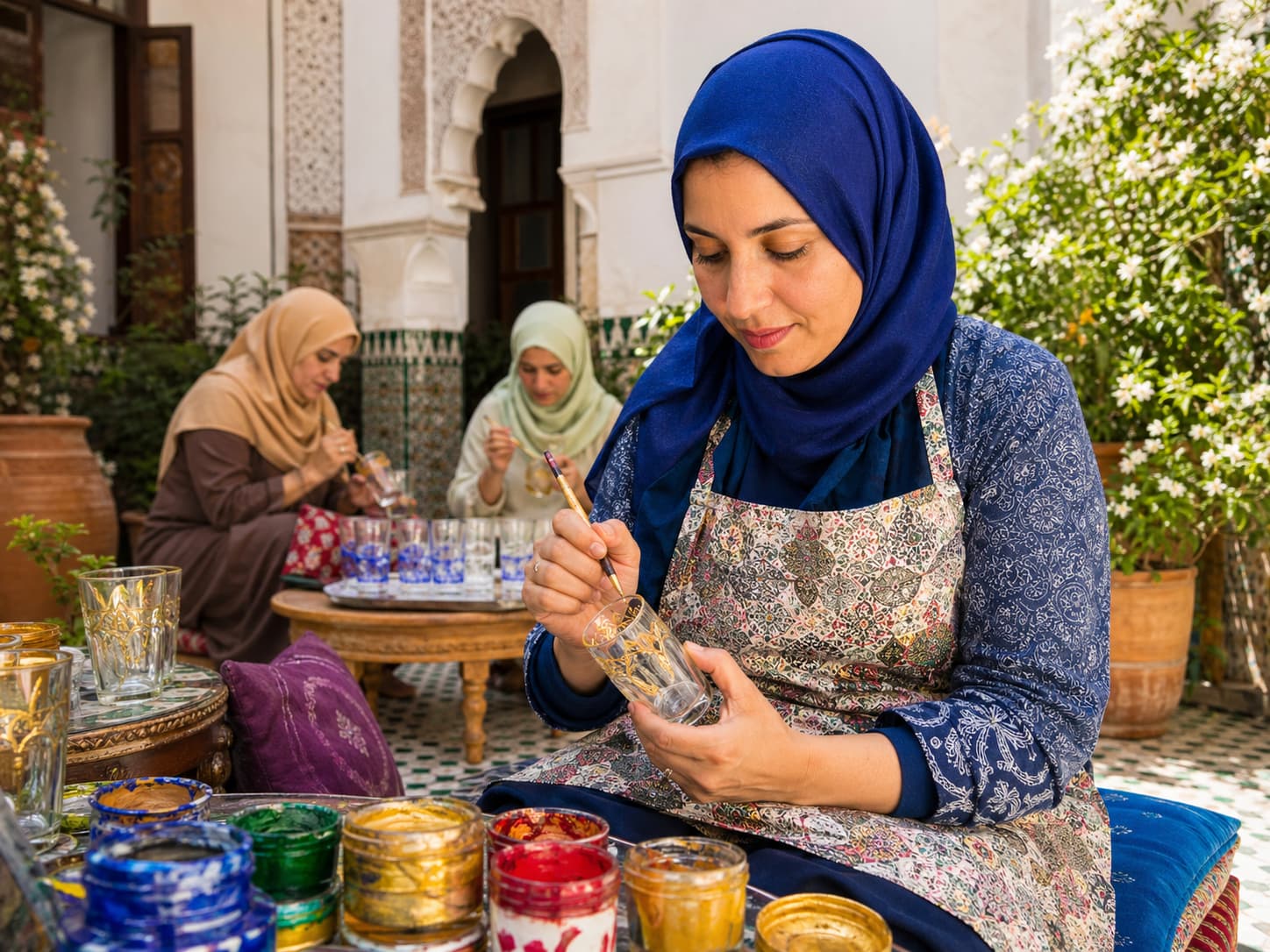 Fatima hand-painting geometric patterns onto a glass vessel in a Marrakech courtyard, inspired by Berber heritage