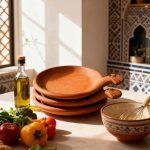 Stack of four terracotta serving dishes in traditional Moroccan kitchen with zellige tiles and vegetables