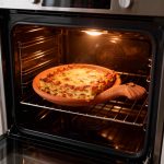 Terracotta serving dish with handle in oven baking golden lasagna showing oven-safe functionality