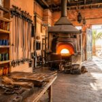 Younes's glassblowing workshop on Ourika Road, Marrakech — furnace, blowpipes, and rows of finished hand-blown glasses