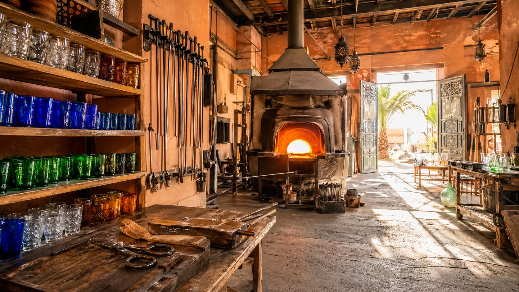 Younes's glassblowing workshop on Ourika Road, Marrakech — furnace, blowpipes, and rows of finished hand-blown glasses