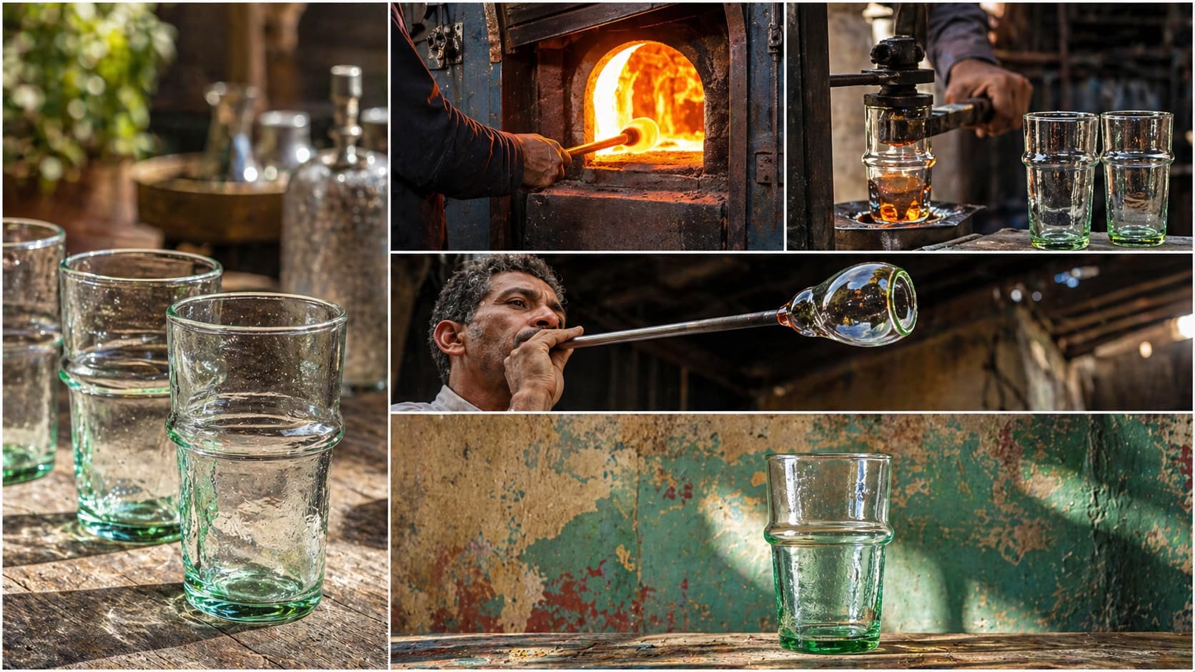 Hand-blown Moroccan tea glasses: furnace, blowing, shaping, and finished green glass vessels made by Younes in Marrakech