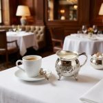 Silver engraved mini creamer pitcher with fresh cream on white tablecloth in upscale restaurant setting