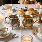 Silver and brass mini creamer pitchers on formal afternoon tea table with candles and pastries