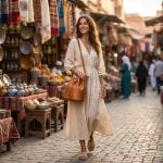 Woman wearing tan leather bucket bag crossbody in Moroccan souk market