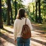 Woman walking in forest wearing brown leather bucket bag as crossbody