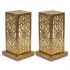 Pair of hand-engraved perforated brass table lamps with geometric floral patterns glowing warmly against white background