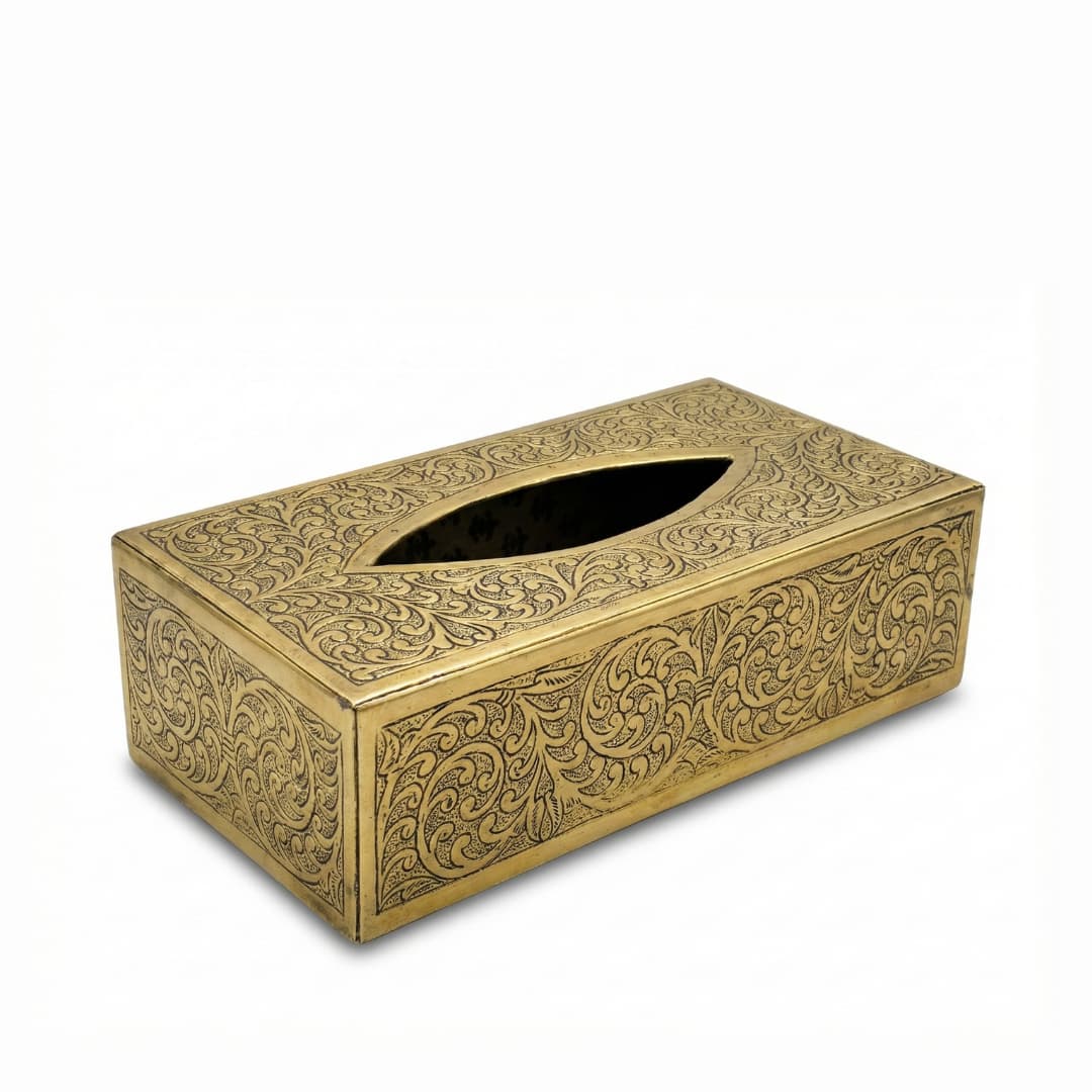 brass tissue box cover (1) Hand-engraved gold brass tissue box cover with arabesque scrollwork pattern on white background