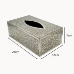 Hand-engraved silver brass tissue box cover with dimensions 25cm length 13cm width 7cm height