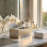Silver hand-hammered brass tissue box cover on marble bathroom vanity with orchids and toiletries