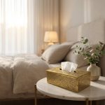 Gold hand-engraved brass tissue box cover with arabesque pattern on marble bedside table