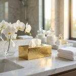 Gold hand-hammered brass tissue box cover on marble bathroom vanity with orchids and luxury toiletries