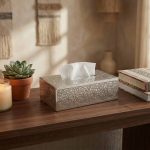 Silver hand-engraved brass tissue box cover with arabesque pattern on wooden desk with books and succulent