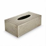Hand-hammered silver brass tissue box cover showing textured dimple pattern on white background