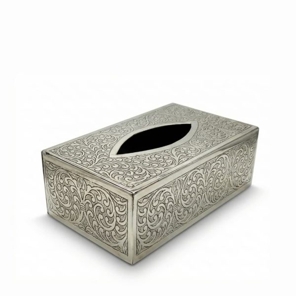 Hand-engraved silver brass tissue box cover with detailed arabesque pattern on white background