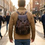 Man wearing brown leather backpack walking through city street
