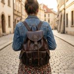Woman wearing vintage leather backpack on cobblestone European street