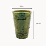 Handcrafted green ceramic mug with dimensions 10cm diameter by 14cm height showing signature Tamegroute glaze