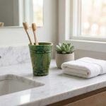 Green glazed ceramic mug as bathroom toothbrush holder on marble vanity with succulent and white towels