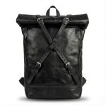 Black leather roll top backpack front view X-strap silver buckle detail