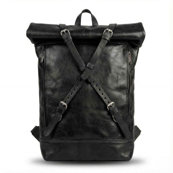 Black leather roll top backpack front view X-strap silver buckle detail