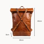 Leather roll top backpack dimensions 40cm height 30cm width 6cm depth with X-strap design