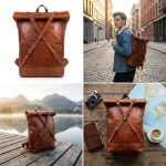 Leather roll top backpack lifestyle collage showing product views urban style lakeside and travel flat lay