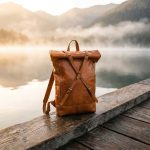 Tan leather roll top backpack on wooden dock at misty mountain lake at sunrise