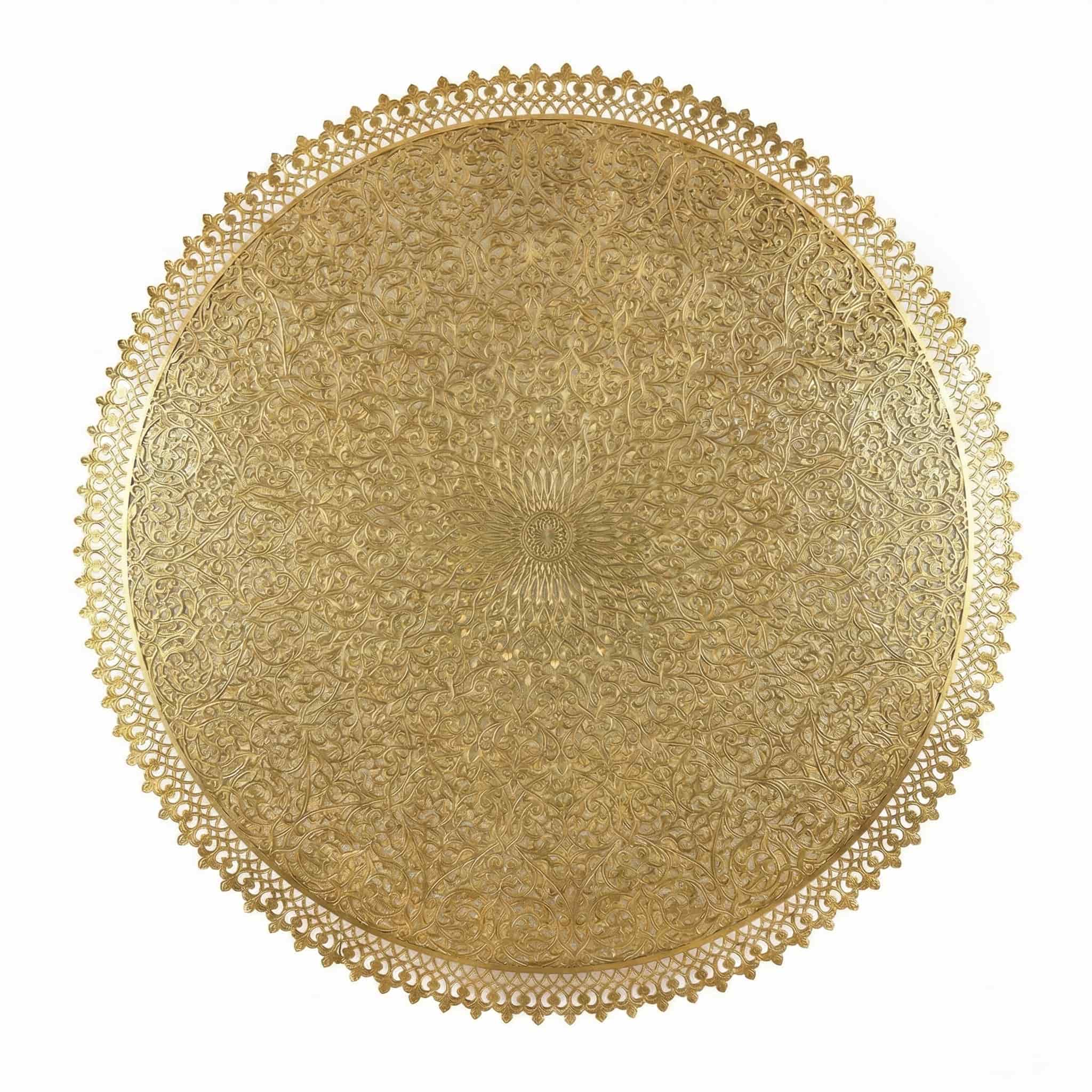 Brass Filigree Wall Lamp (1) Close-up of hand-engraved brass filigree wall lamp showing arabesque floral patterns and scalloped decorative edge