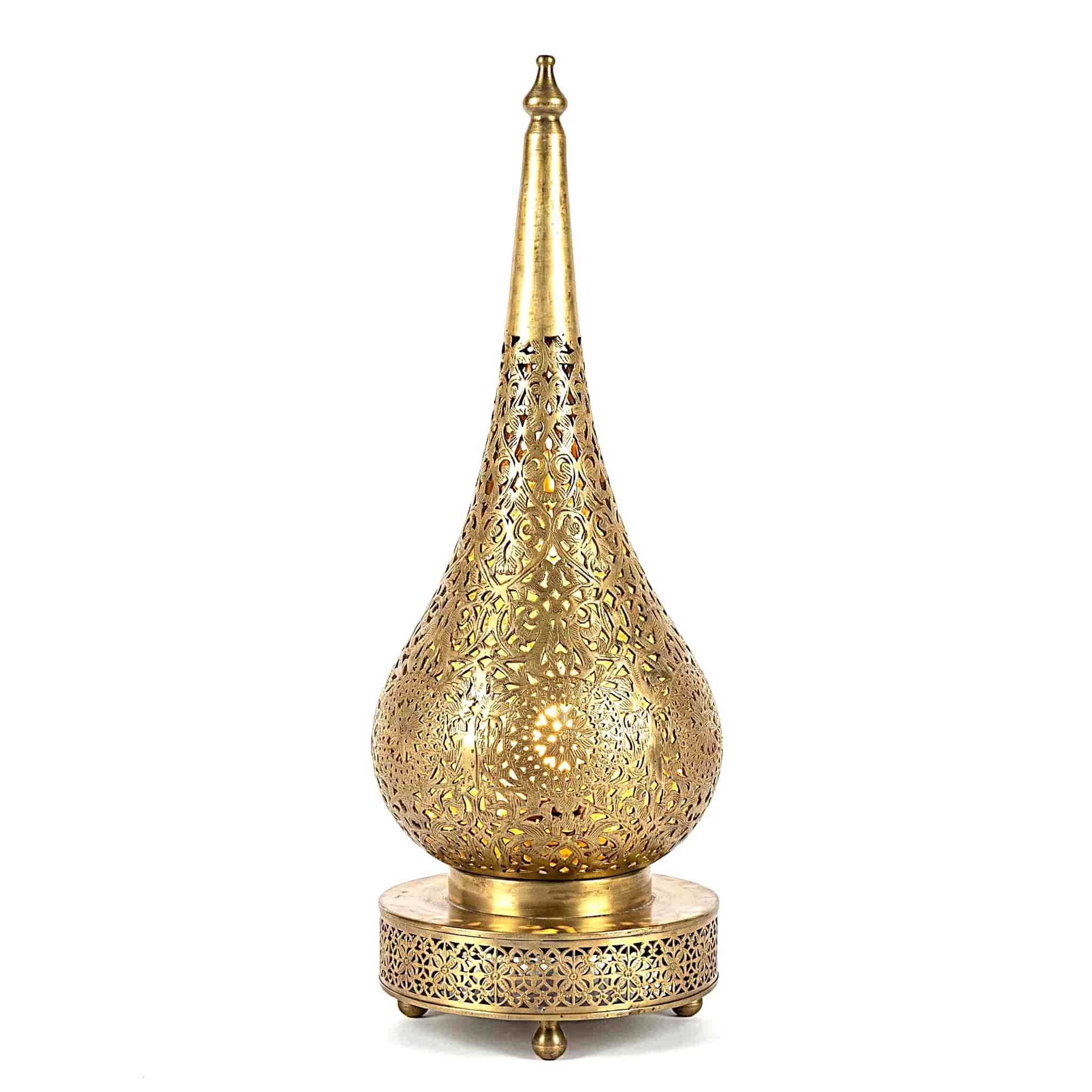 Brass Table Lamp Teardrop (1) Teardrop brass table lamp with hand-engraved filigree floral patterns on decorative perforated base against white background